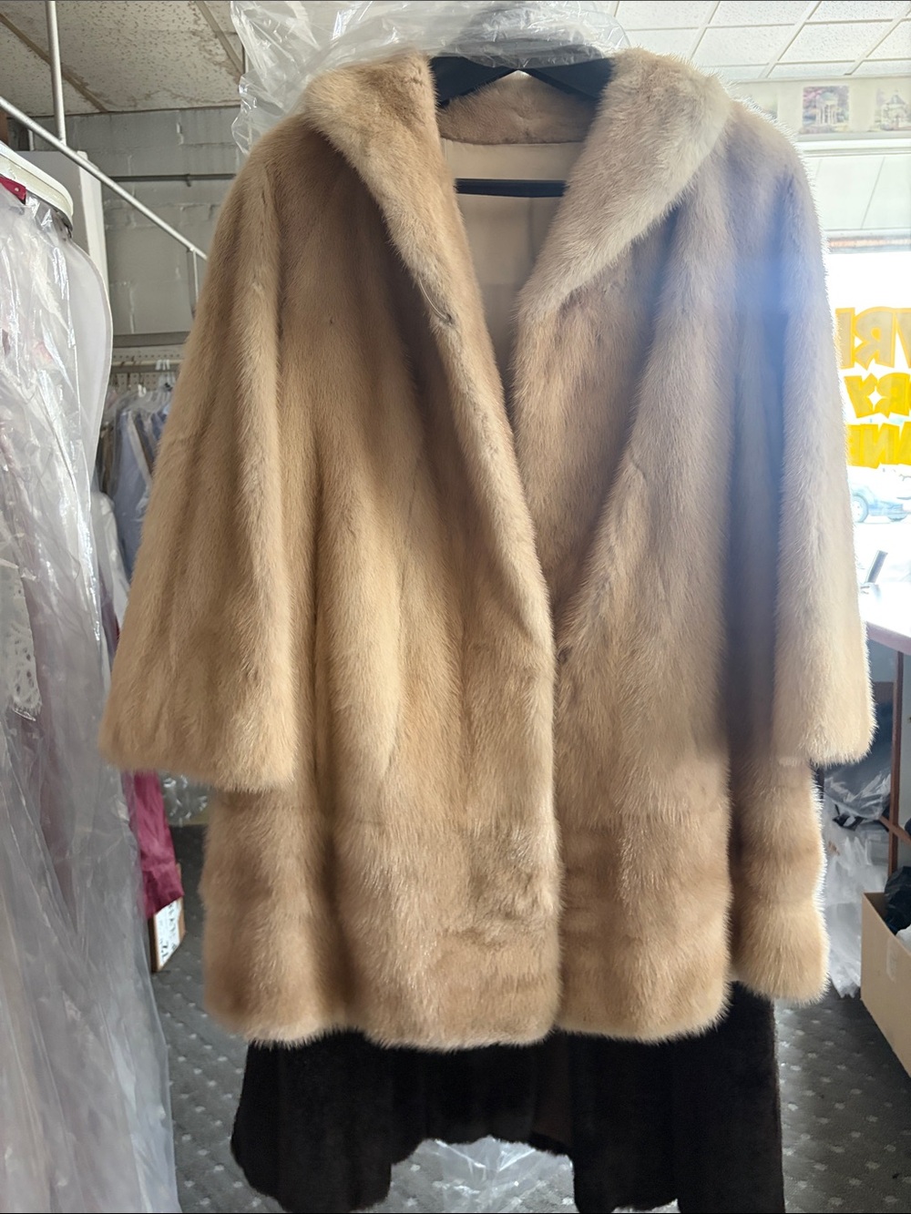 Women's Tan Hooded Mink Fur Cape Coat